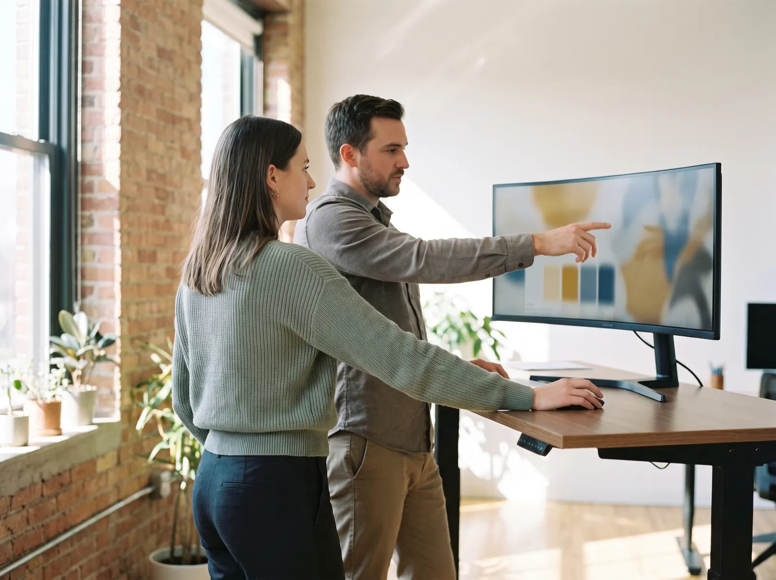 Two colleagues at a standing desk reviewing a dashboard on a large monitor.