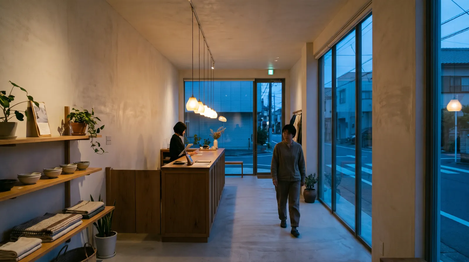 The interior of a small independent business at dusk, warm light against the blue of the street outside.